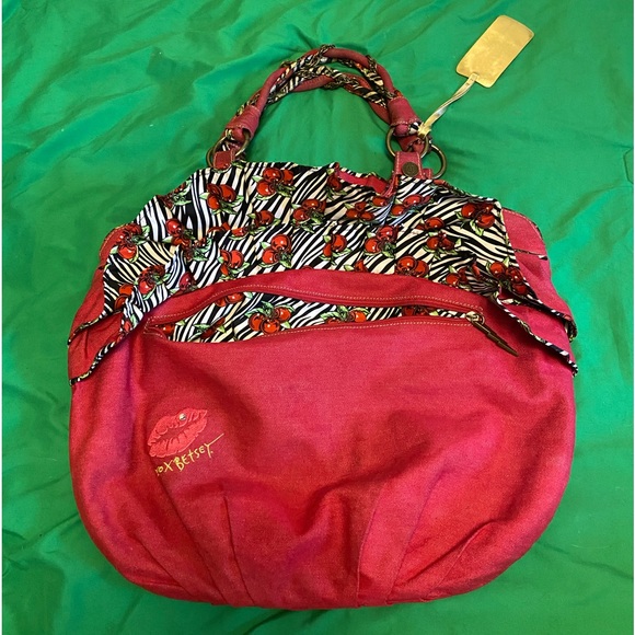 Betsyville by Betsy Johnson LARGE red denim purse with bronze chain & ruffles. - Picture 2 of 8
